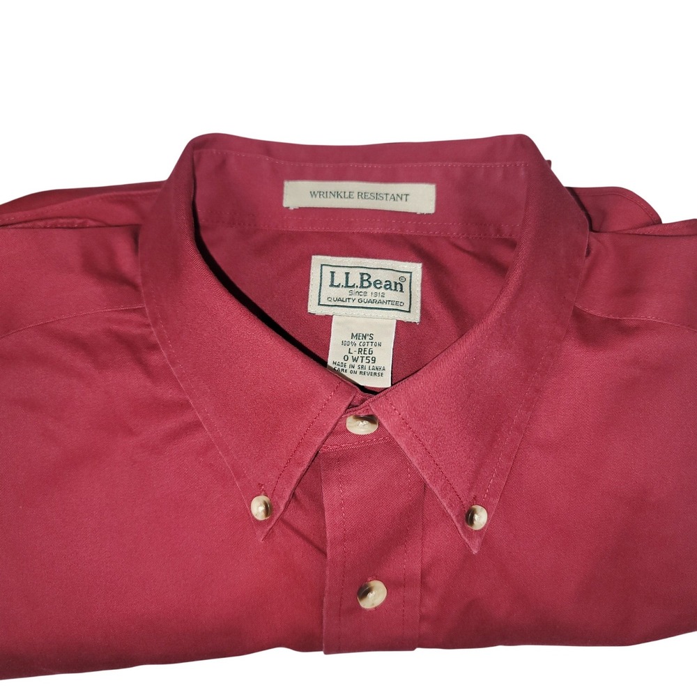 LL Bean Mens Wrinkle Resistant Cotton Button Down Shirt Burgundy Red L-REG 0WT59